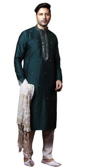 Green embroidered art dupion silk kurta-pajama