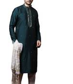 Green embroidered art dupion silk kurta-pajama