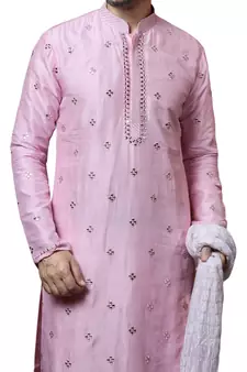 Pink embroidered art dupion silk kurta-pajama