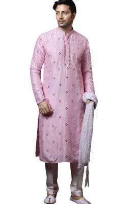 Pink embroidered art dupion silk kurta-pajama 1