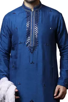 Blue embroidered art dupion silk kurta-pajama