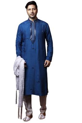 Blue embroidered art dupion silk kurta-pajama 1