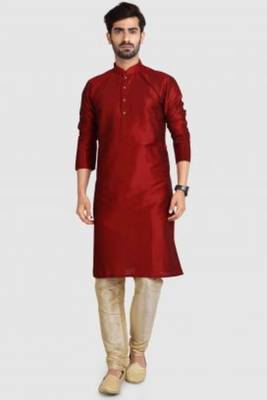 Red plain art dupion silk kurta-pajama 1