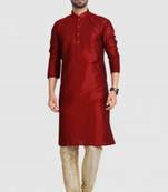 Red plain art dupion silk kurta-pajama