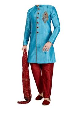Turquoise embroidered art dupion silk sherwani 1