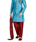 Turquoise embroidered art dupion silk sherwani