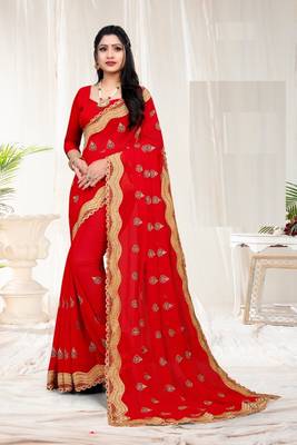 RED Georgette fabric with embroidery and diamond work saree 1