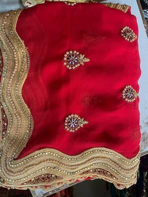 RED Georgette fabric with embroidery and diamond work saree 2