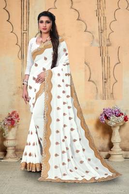 WHITE Georgette fabric with embroidery and diamond work saree 1