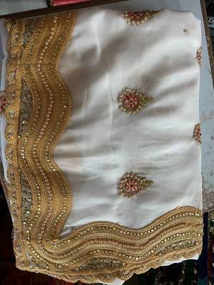 WHITE Georgette fabric with embroidery and diamond work saree 2