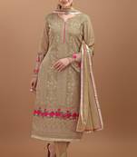 Beige Embroidered Georgette Semi-Stitched Straight Suit Up To 42" Size
