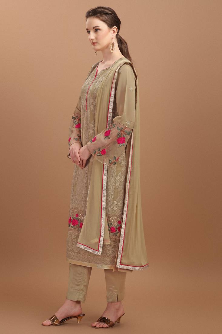 Beige Embroidered Georgette Semi-Stitched Straight Suit Up To 42" Size