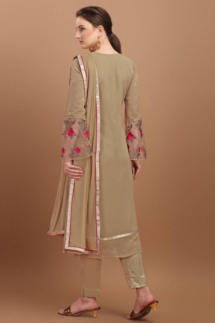 Beige Embroidered Georgette Semi-Stitched Straight Suit Up To 42" Size