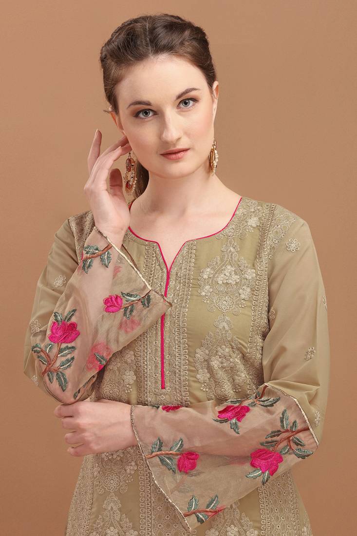 Beige Embroidered Georgette Semi-Stitched Straight Suit Up To 42" Size