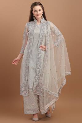 White Embroidered Net Straight Jacket Style Suit Free size full stitched Up To 42" Size 1