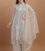 White Embroidered Net Straight Jacket Style Suit Free size full stitched Up To 42" Size