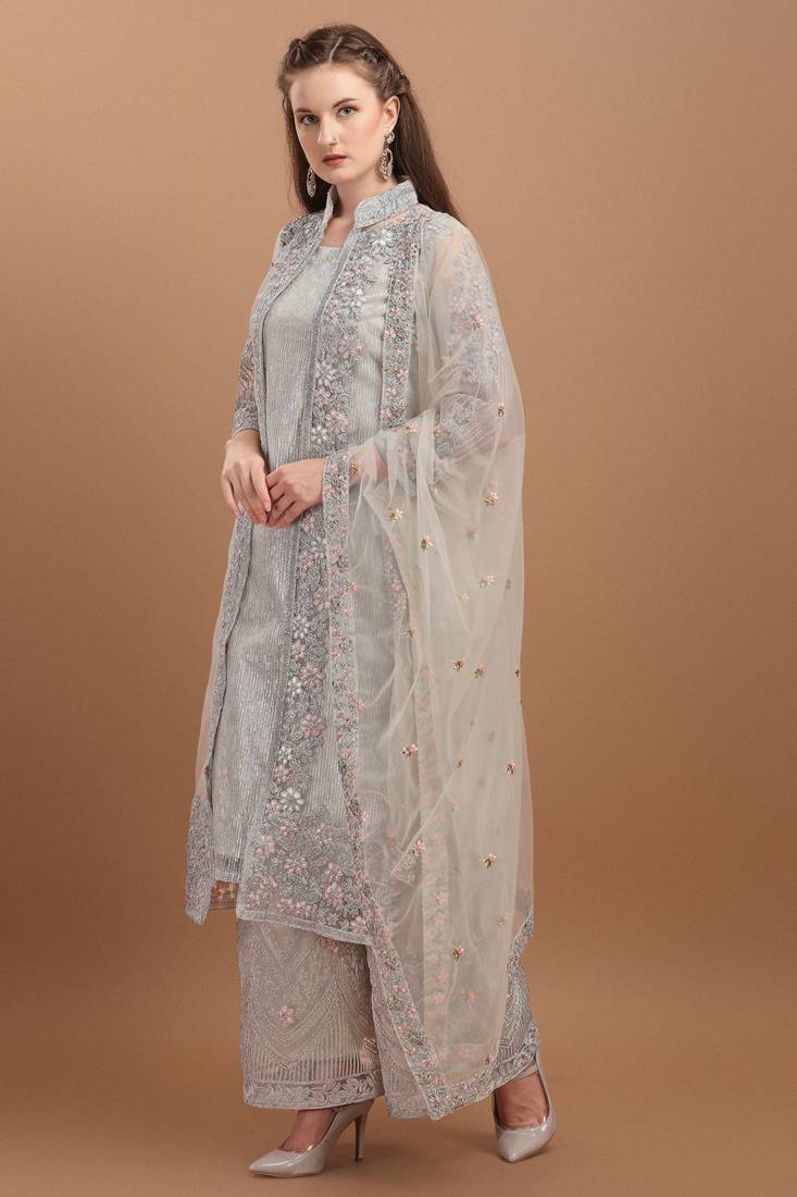 White Embroidered Net Straight Jacket Style Suit Free size full stitched Up To 42" Size
