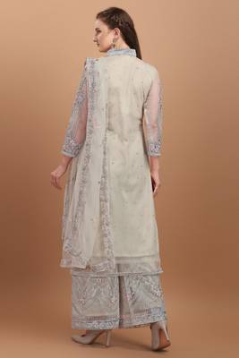 White Embroidered Net Straight Jacket Style Suit Free size full stitched Up To 42" Size 3