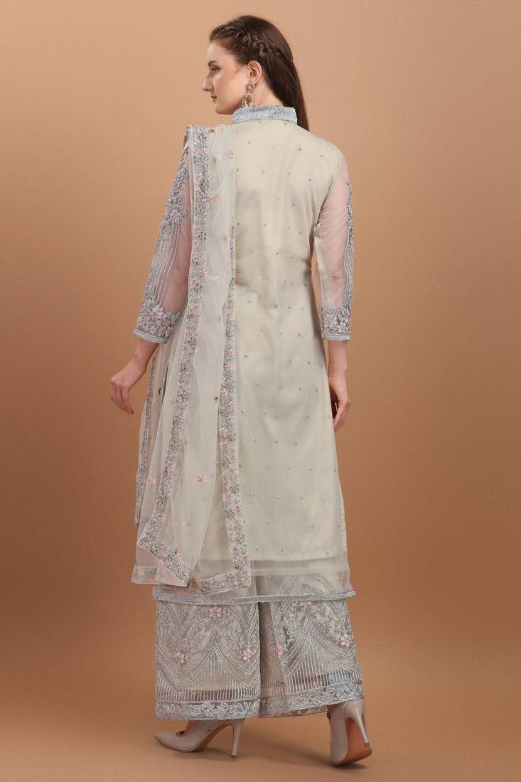 White Embroidered Net Straight Jacket Style Suit Free size full stitched Up To 42" Size