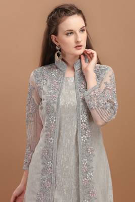 White Embroidered Net Straight Jacket Style Suit Free size full stitched Up To 42" Size 4
