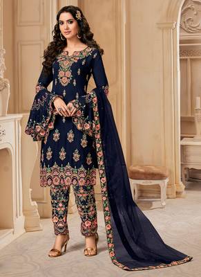 Navy Blue Embroidered Georgette Semi-Stitched Straight Suit Up To 42" Size 1