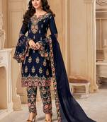 Navy Blue Embroidered Georgette Semi-Stitched Straight Suit Up To 42" Size