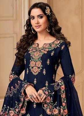 Navy Blue Embroidered Georgette Semi-Stitched Straight Suit Up To 42" Size 2
