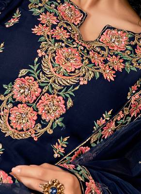 Navy Blue Embroidered Georgette Semi-Stitched Straight Suit Up To 42" Size 3