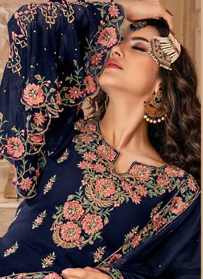Navy Blue Embroidered Georgette Semi-Stitched Straight Suit Up To 42" Size 4