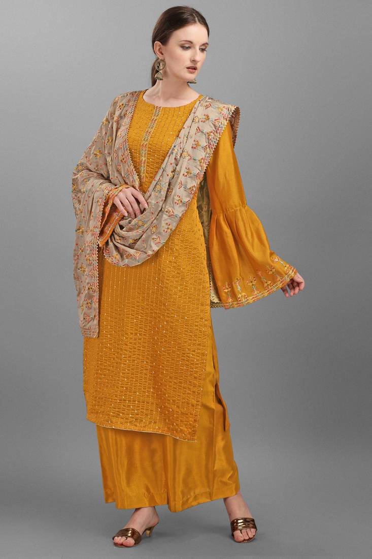 Mustard Embroidered Georgette Semi-Stitched Straight Suit Up To 42" Size