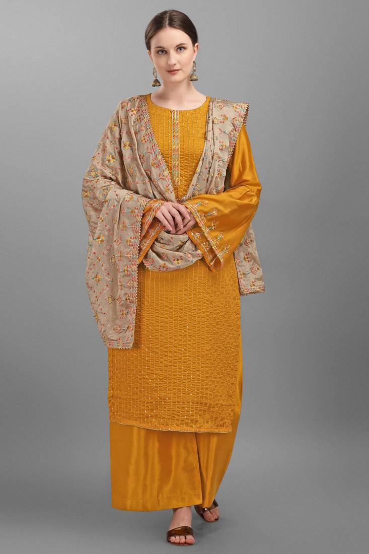 Mustard Embroidered Georgette Semi-Stitched Straight Suit Up To 42" Size