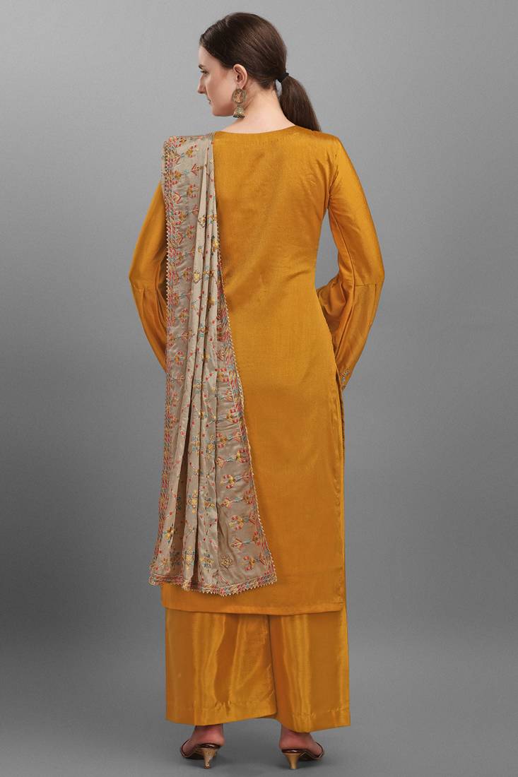 Mustard Embroidered Georgette Semi-Stitched Straight Suit Up To 42" Size