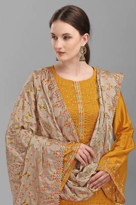 Mustard Embroidered Georgette Semi-Stitched Straight Suit Up To 42" Size 4
