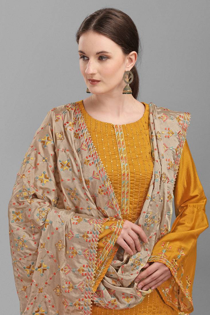 Mustard Embroidered Georgette Semi-Stitched Straight Suit Up To 42" Size