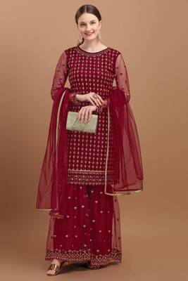 Dark Red Embroidered Net  Sharara Suit Free size full stitched Up To 42" Size 1