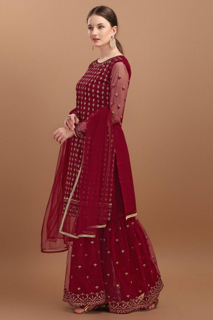 Dark Red Embroidered Net  Sharara Suit Free size full stitched Up To 42" Size