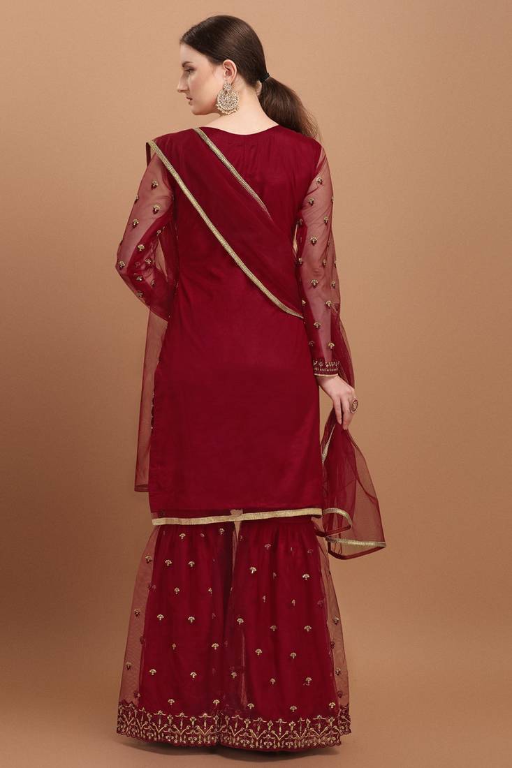 Dark Red Embroidered Net  Sharara Suit Free size full stitched Up To 42" Size