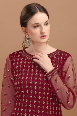 Dark Red Embroidered Net  Sharara Suit Free size full stitched Up To 42" Size 4