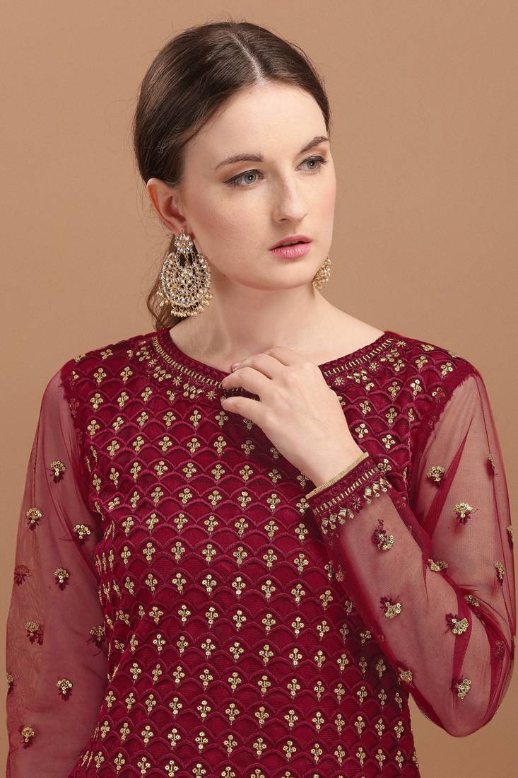 Dark Red Embroidered Net  Sharara Suit Free size full stitched Up To 42" Size