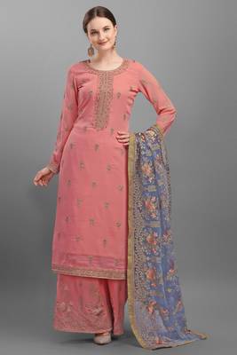 Pink Embroidered Georgette Semi-Stitched Palazzo Style Suit Up To 42" Size 1