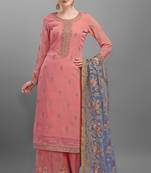Pink Embroidered Georgette Semi-Stitched Palazzo Style Suit Up To 42" Size