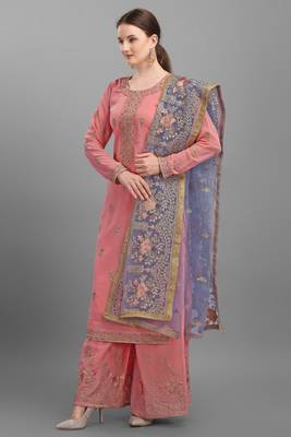 Pink Embroidered Georgette Semi-Stitched Palazzo Style Suit Up To 42" Size 2