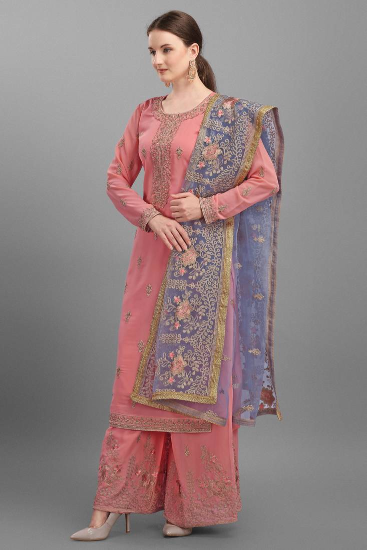 Pink Embroidered Georgette Semi-Stitched Palazzo Style Suit Up To 42" Size
