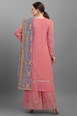 Pink Embroidered Georgette Semi-Stitched Palazzo Style Suit Up To 42" Size 3