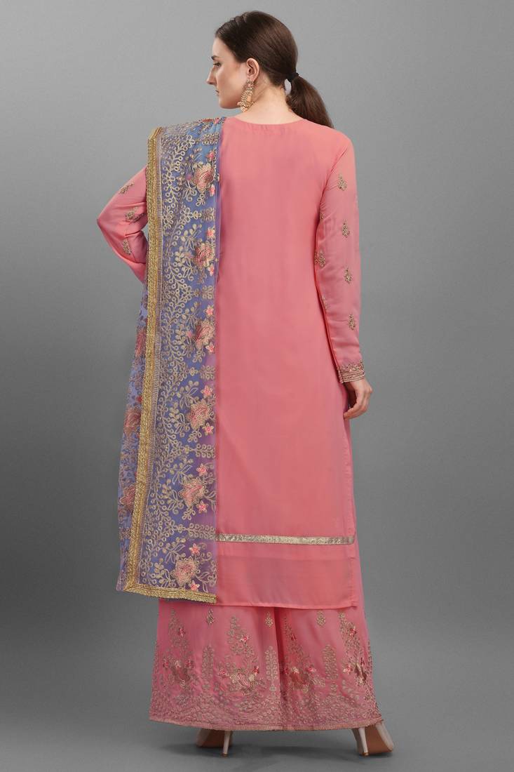 Pink Embroidered Georgette Semi-Stitched Palazzo Style Suit Up To 42" Size