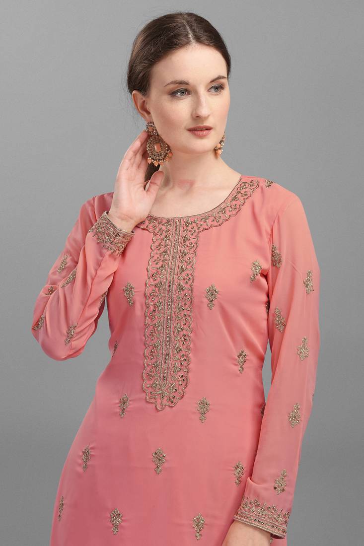 Pink Embroidered Georgette Semi-Stitched Palazzo Style Suit Up To 42" Size