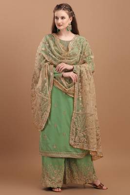 Green Embroidered Georgette Semi-Stitched Palazzo Style Suit Up To 42" Size 1