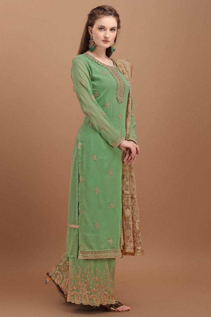 Green Embroidered Georgette Semi-Stitched Palazzo Style Suit Up To 42" Size