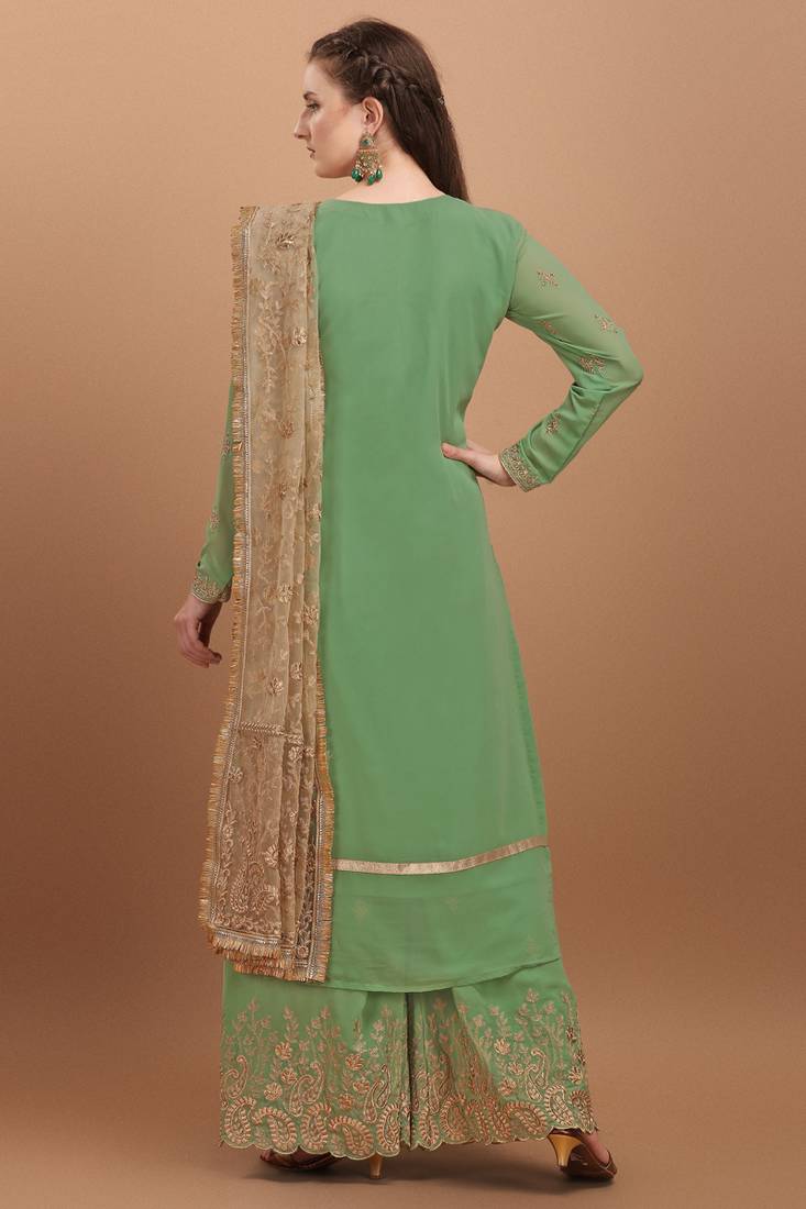 Green Embroidered Georgette Semi-Stitched Palazzo Style Suit Up To 42" Size