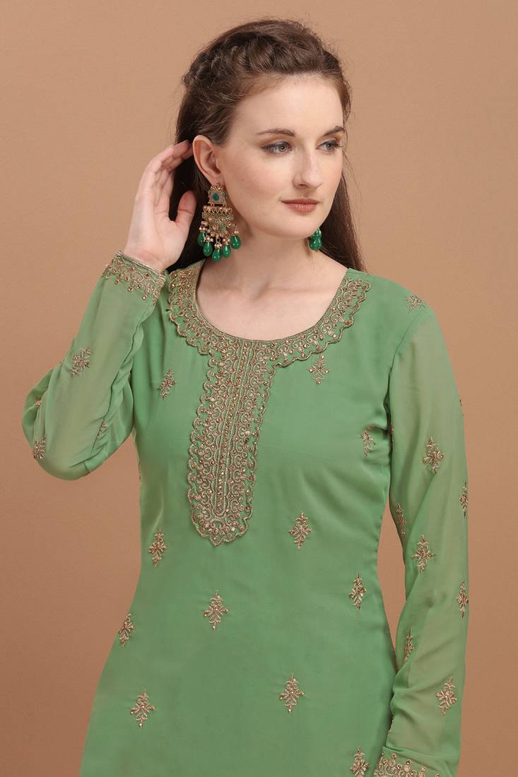 Green Embroidered Georgette Semi-Stitched Palazzo Style Suit Up To 42" Size